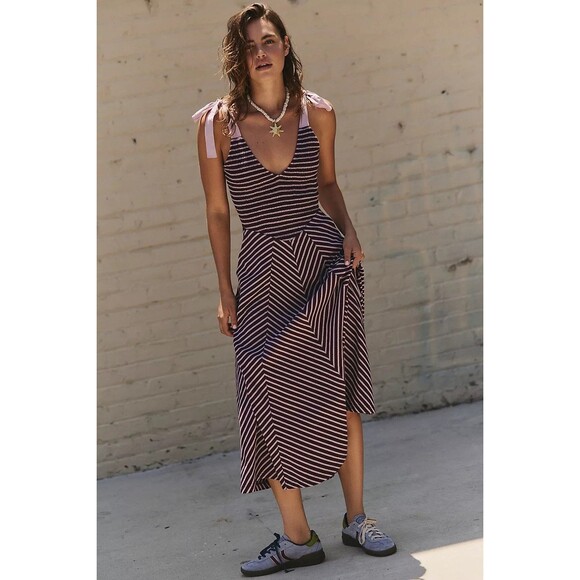 Free People Free-Est Cecelia Midi Dress Striped Printed Smocked Cotton XL  286344